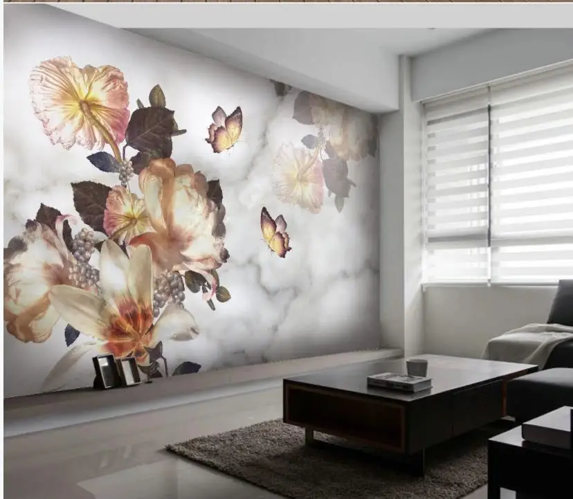 

3d wall murals wallpaper European modern fashion hand painted flower butterfly white marble background wall