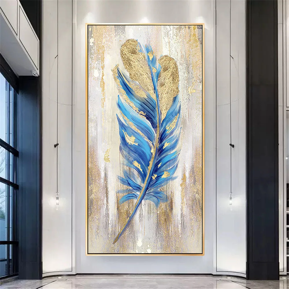 Handmade vertical blue feather gold foil craft wall painting fashion light luxury room decor on modern living room oil painting