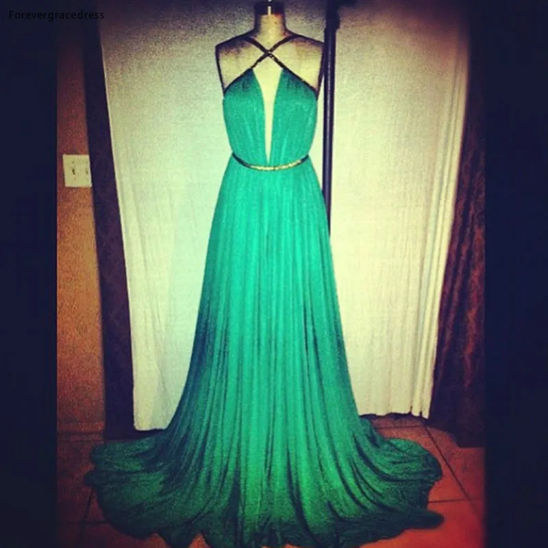 Emerald Green Colour Prom Dress Sexy Halter Neck Chiffon Long Party Gown