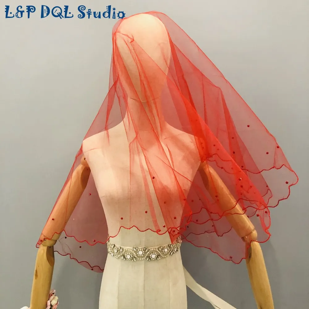 L&P DQL Studio Real Pictures Red Wedding Veils Short Bridal Veils Free Shipping