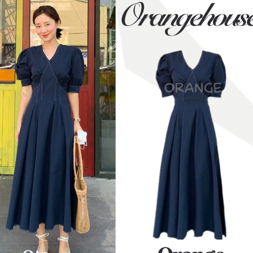 

2021 summer vintage French style dess women v-neck slim high waist puff sleeve a-line dress