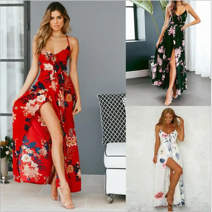 

Red Backless Floral Maxi Dress 2023Summer Women Sexy Party Spaghetti Strap Sundress Boho Beach High Weist Chiffon Dress Vestidos