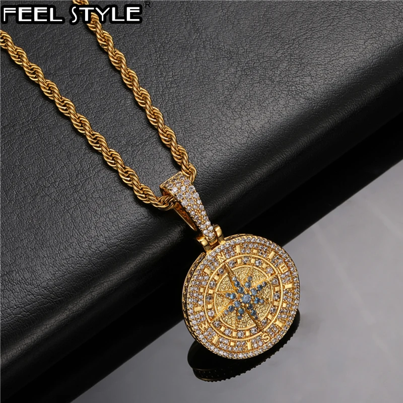 

Hip Hop Iced Out AAA+ Bling compass Personality Cubic Zirconia Necklaces & Pendants For Men Women Rapper Jewelry With Solid Back