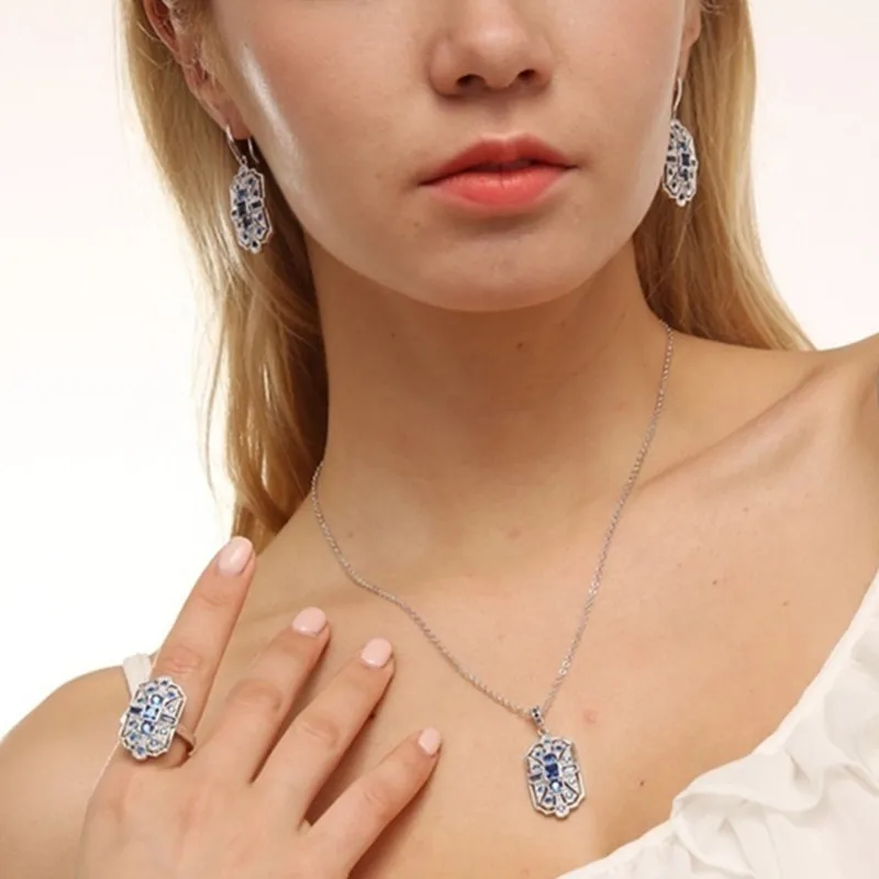 Woman Fashion Art Style Blue Stone Crystal Necklace Earrings Ring Jewelry Sets Bridal Engagement Wedding Gifts