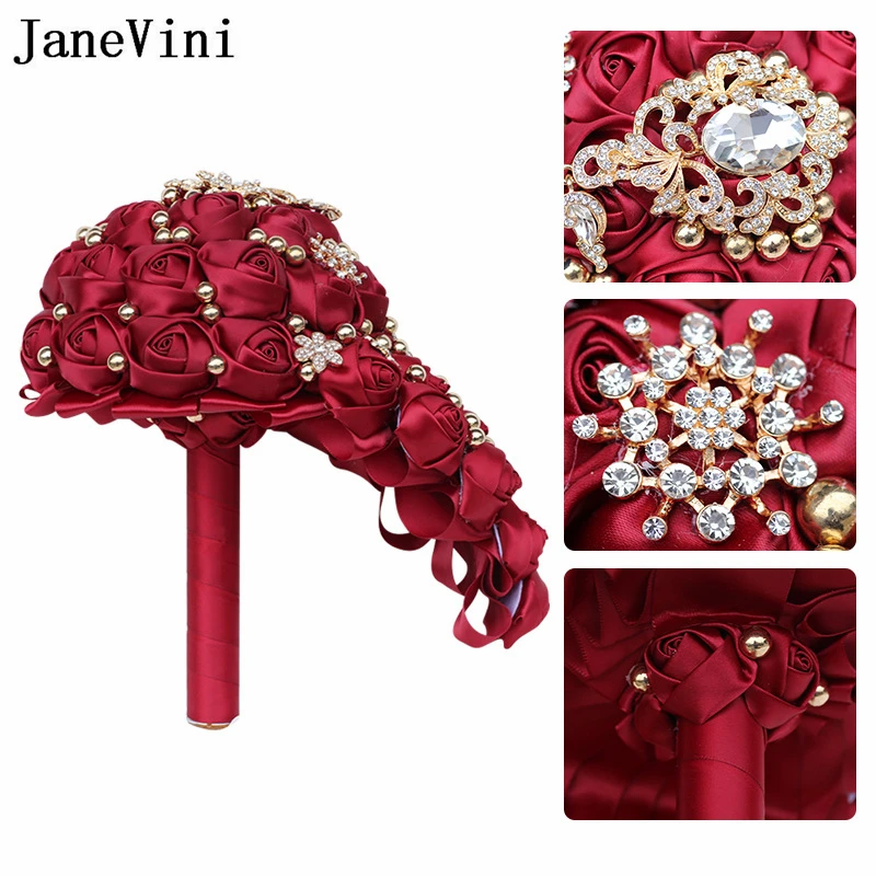 JaneVini New Elegant Waterfall Burgundy Flowers Bridal Bouquets Artificial Satin Rose Rhinestone Wedding Fake Bouquet Accessorie