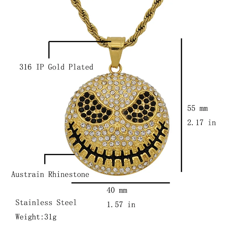 Hip Hop Rhinestones Paved Bling Iced Out Stainless Stee Jack Skellington Pendants Necklaces for Men Rapper Jewelry Drop Shipping