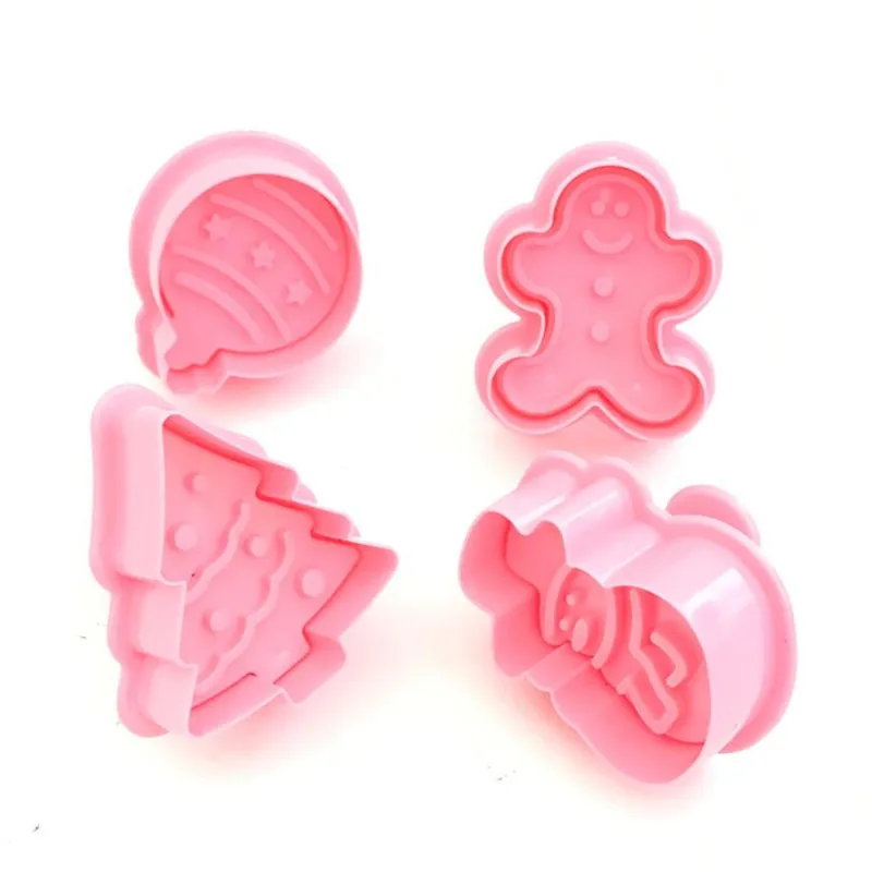 4pcs Cute Baking Biscuit Cutter Mould Plunger Christmas Tree Snowman Cookie Mold Kitchen Baking Cutting Tool Reusable