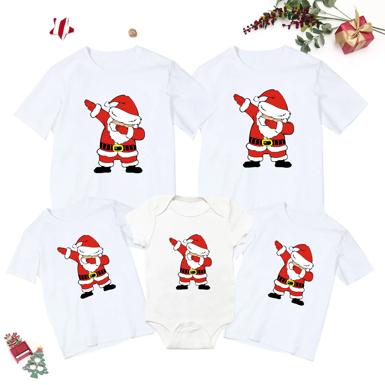 Dance Santa Claus Print Family Matching Clothes Cotton Short Sleeve Black T-shirt Father Mother Kids Christmas Clothes