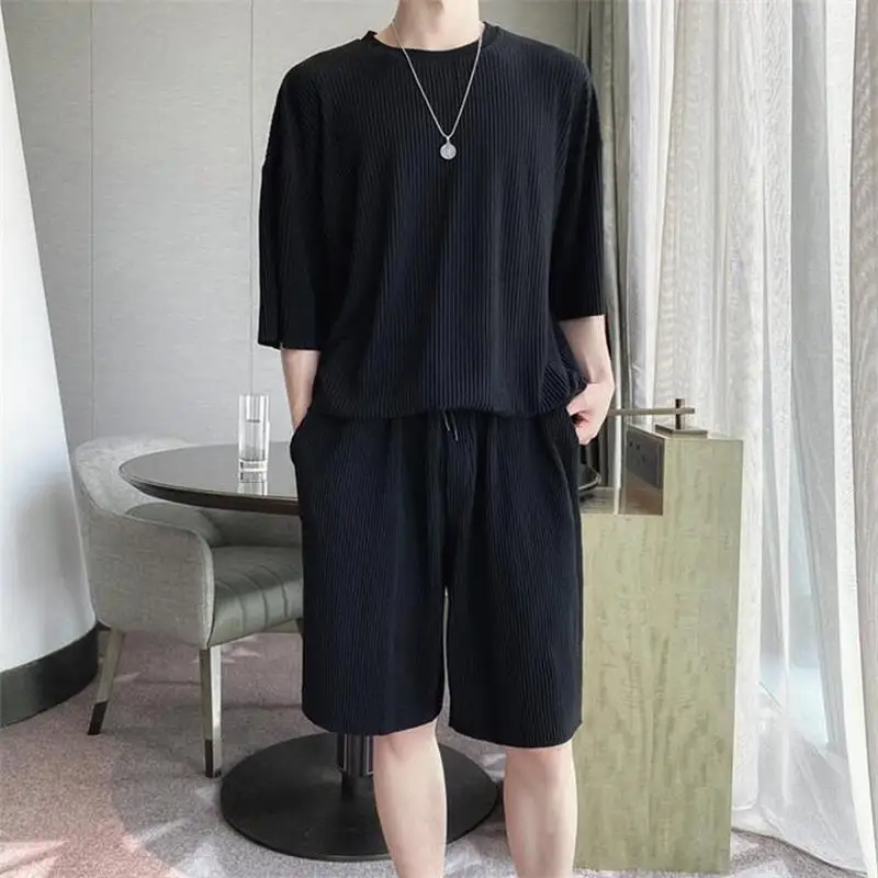 Men's Short Sleeve Short Two Pieces Of Summer New Pure Color Urban Youth Fashion Casual Versatile Loose Large Size Suit