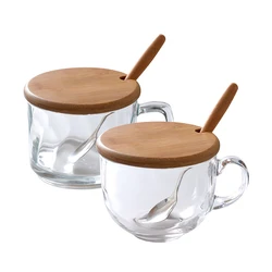450ml Glass Transparent Cups Large Milk Cup With Wooden Lid Oat Glass Transparent Mug Flower Tea Cup Coffee cup