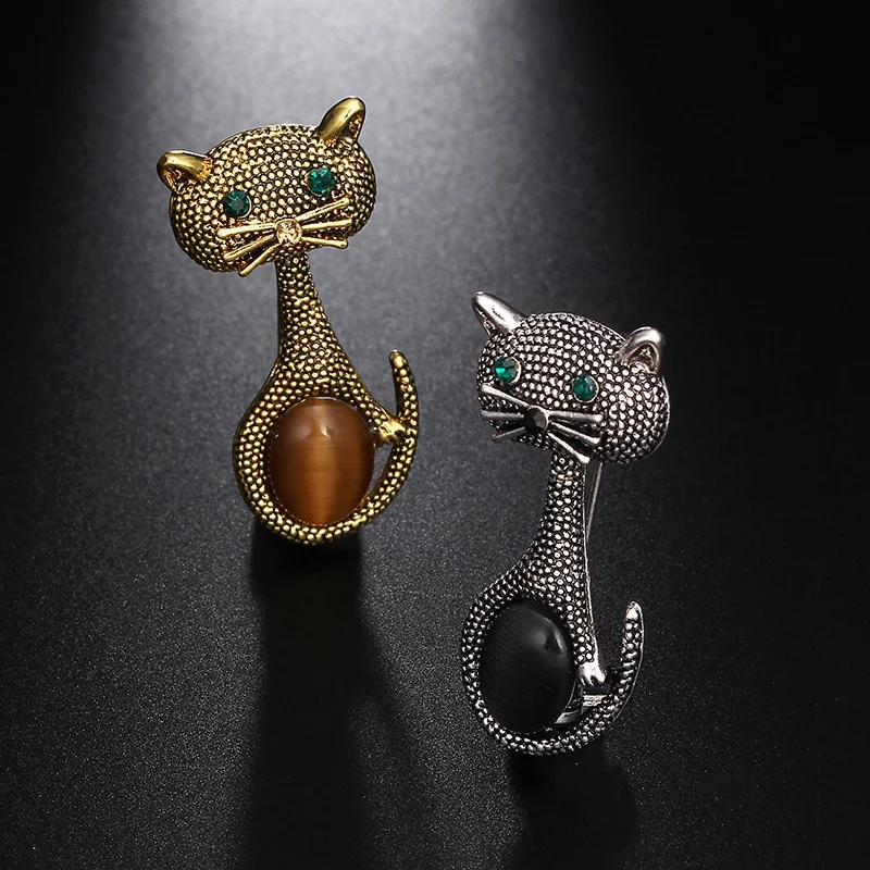 Vintage Green Eyes Cat Brooch Corsage Antique Gold Color Opals Animal Brooches For Women Kids Pins Jewelry