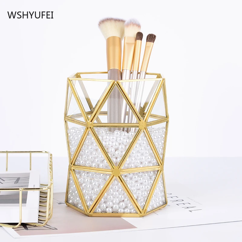 WSHYUFEI Golden storage tube cosmetic storage bucket jewelry decoration pen holder makeup brush storage box home office supplies