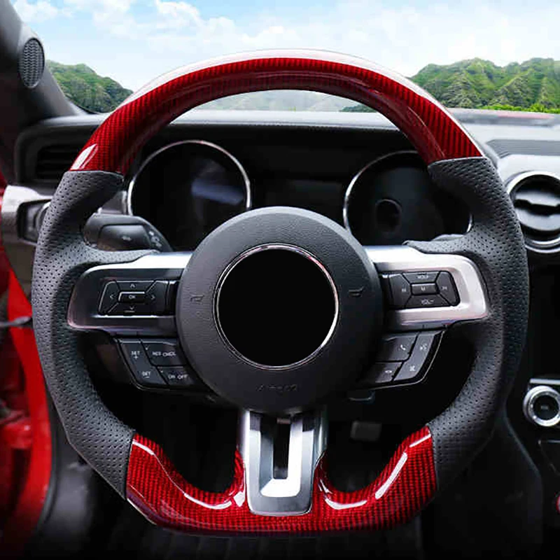 QHCP Real Carbon Fiber Steering Wheel Customized Leather Suede Steering Wheel Custom Style For Ford Mustang 2015-2020 Accessory