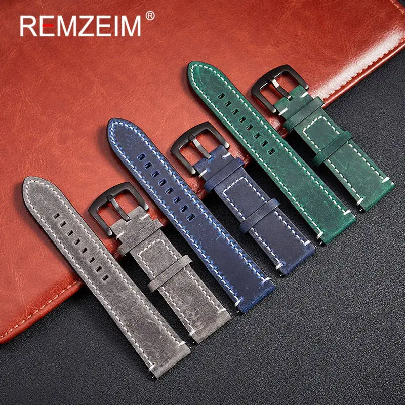 REMZEIM Watch Accessories Watch Strap 18mm 20mm 22mm 24mm Vintage Cow Leather Watch Band Blue Green Brown Black Watchband