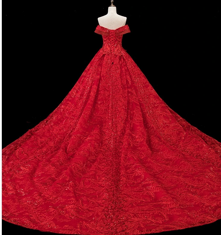 Robe de mariée de luxe en dentelle rouge/champagne, épaules dénudées, avec perles, robe de bal brodée, 2020