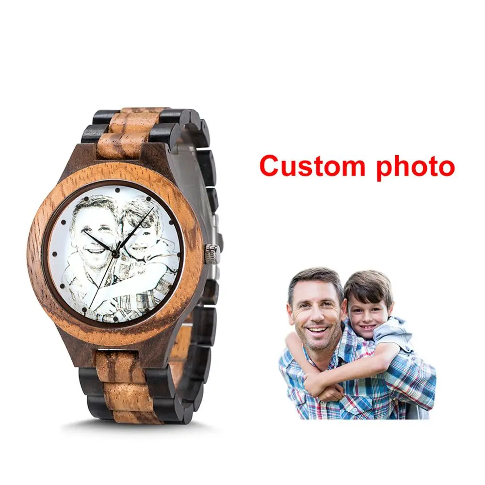 Custom LOGO Printing Photo Men Watch Unique Bamboo Wood Engrave Picture Wristwatch  Anniversary Christmas Father\'s Day Gift