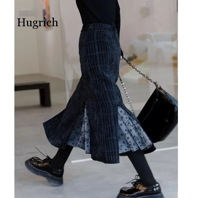 2021 Dark Plaid Patchwork Autumn and Spring Fashion Design High Waist For Girls Party Long Skirt