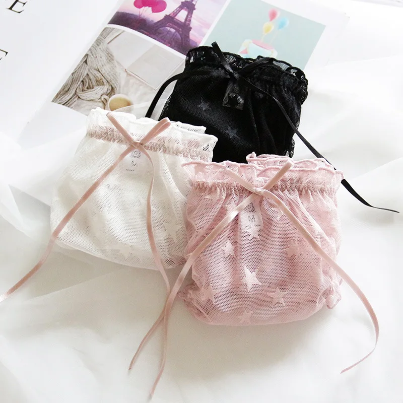 Sexy Mesh Lace Transparent Ruffle Women Underwear Star Print Soft Thin Girl Panties Low Waist Cute Lovely Sweet Female Breifs