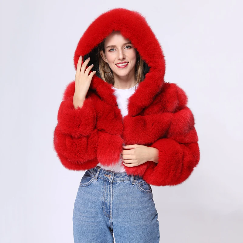 Free Shipping Winter Women Cropped Fashion Sexy Hooded Real Fox Fur Coat MJF-FC-19