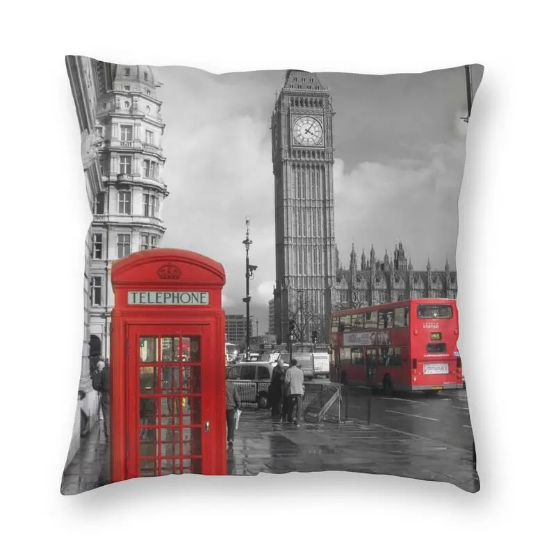 Vibrant Red Phone Booth And Red Bus Pillow Cover Decoration 3D Double Side Print London England Big Ben Cushion Cover for Car