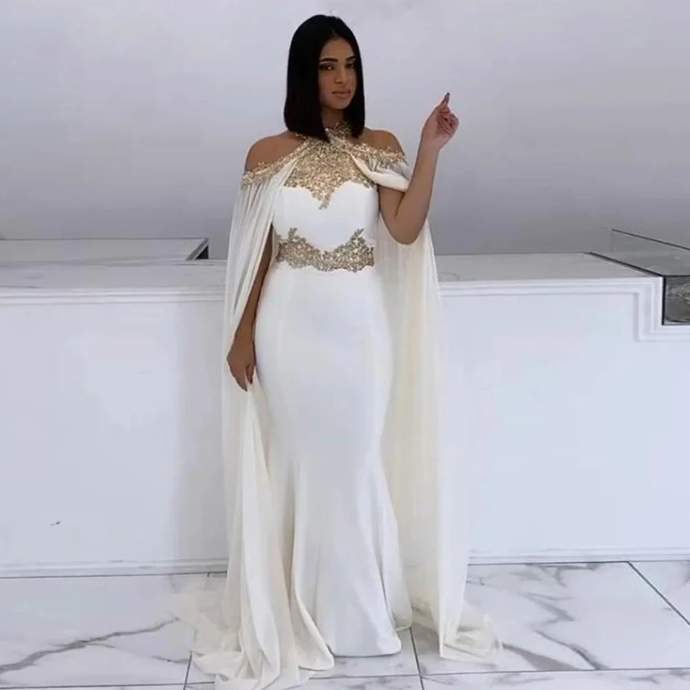 Vestidos de Noche de sirena con hombros descubiertos para mujer, corpiño blanco Formal, vestido de fiesta Halter con apliques de encaje, vestidos largos elegantes de Graduación