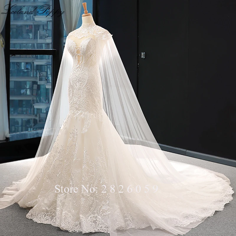 Lceland Poppy Women's Mermaid Wedding Dresses Lace Appliques Strapless Sleeveless Floor Length Bridal Gowns with Cape