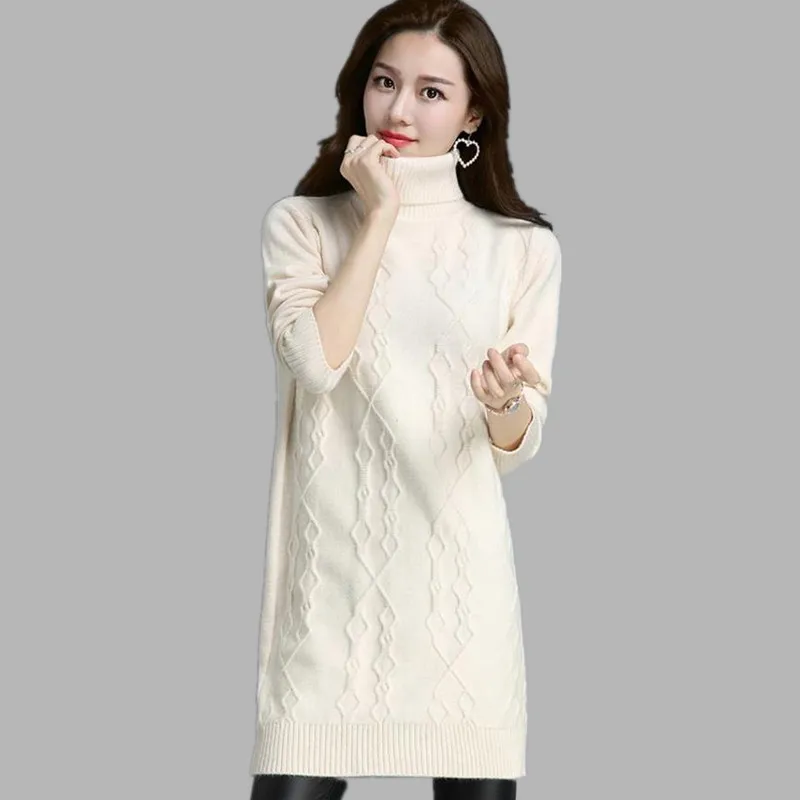 Zimowy damski golf sweter pulower nowy jednolity długi rękaw średniej długości ciepły dzianinowy sweter damski odzież topy AH10