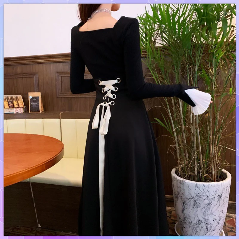 Korean Chic Vintage Back Bandage Black Square Neck Flare Sleeve Dress Women New Slim Lace Up Waist High Dresses Vestido Fashion