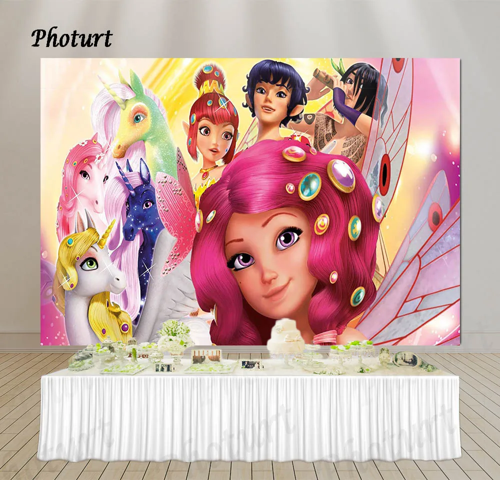 

PHOTURT Mia and Me Backdrop Kids Birthday Party Supply Background Pink Fairy Unicorn Polyester Vinyl Photo Banner Decorate Props