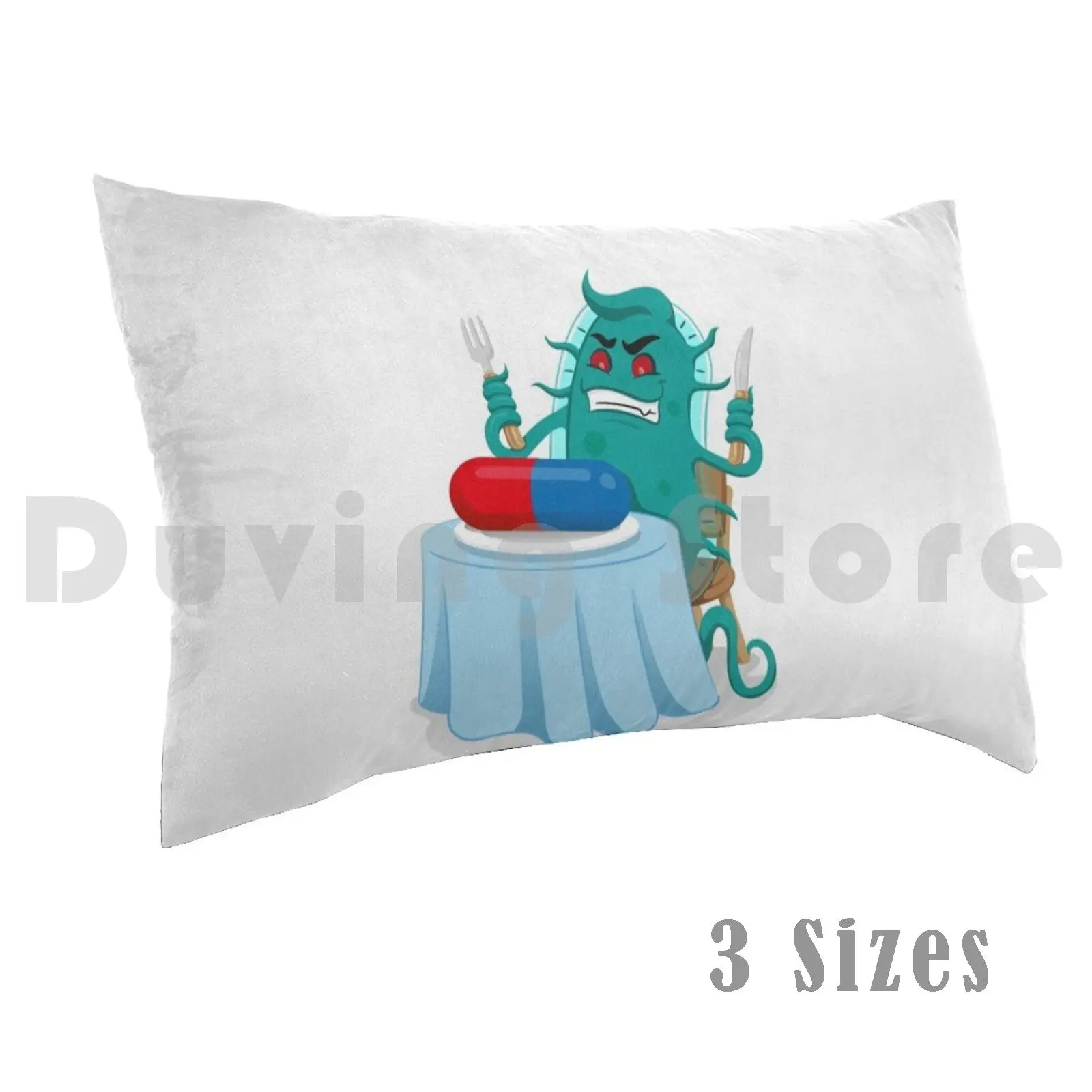 Pillow case Cartoon Representation Of A Super Bacterium A Microorganism , Sitting At The Table Feeding The Medicine