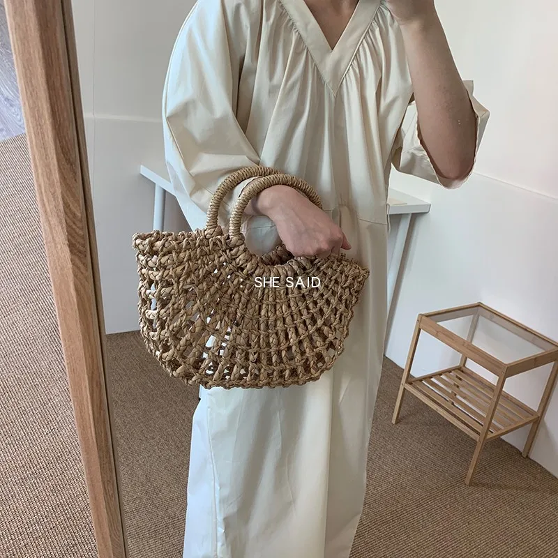 NEW Fashion Women Tote Bag Rattan Cotton Rope Hollow Straw Woven Summer Beach Bag Casual Handmade Female Shoulder Bags Sac