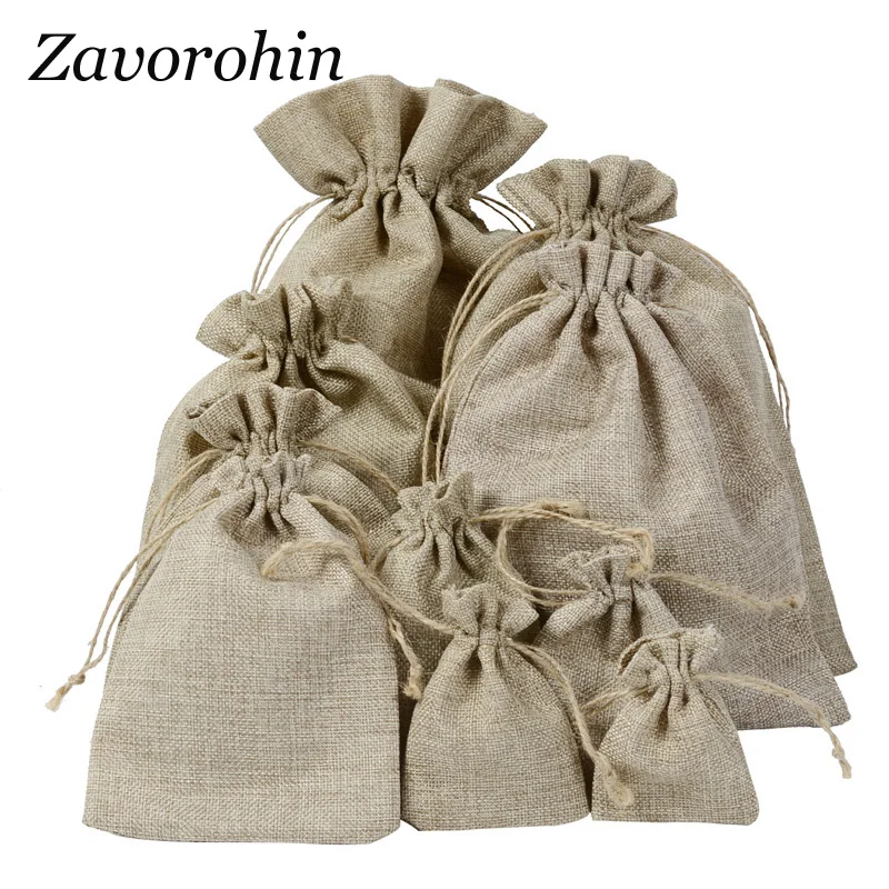 50Pcs/lot 7*9, 8*11, 9*12, 10*15cm Retro Burlap Jute Linen Drawstring Gift Bag Pouch For Jewelry Gift Packaging Bags Custom Logo