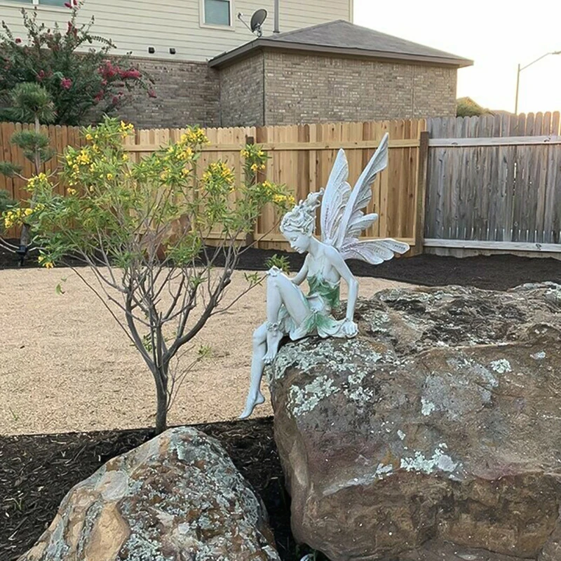 Resin Flower Fairy Statue Sitting Art Sculpture Figurines Angel Wings Garden Ornament Craft Landscaping Home Decoration Outdoor