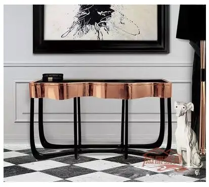 Luxury European porch table golden stainless steel porch table corridor against the wall long narrow table arc porch cabinet