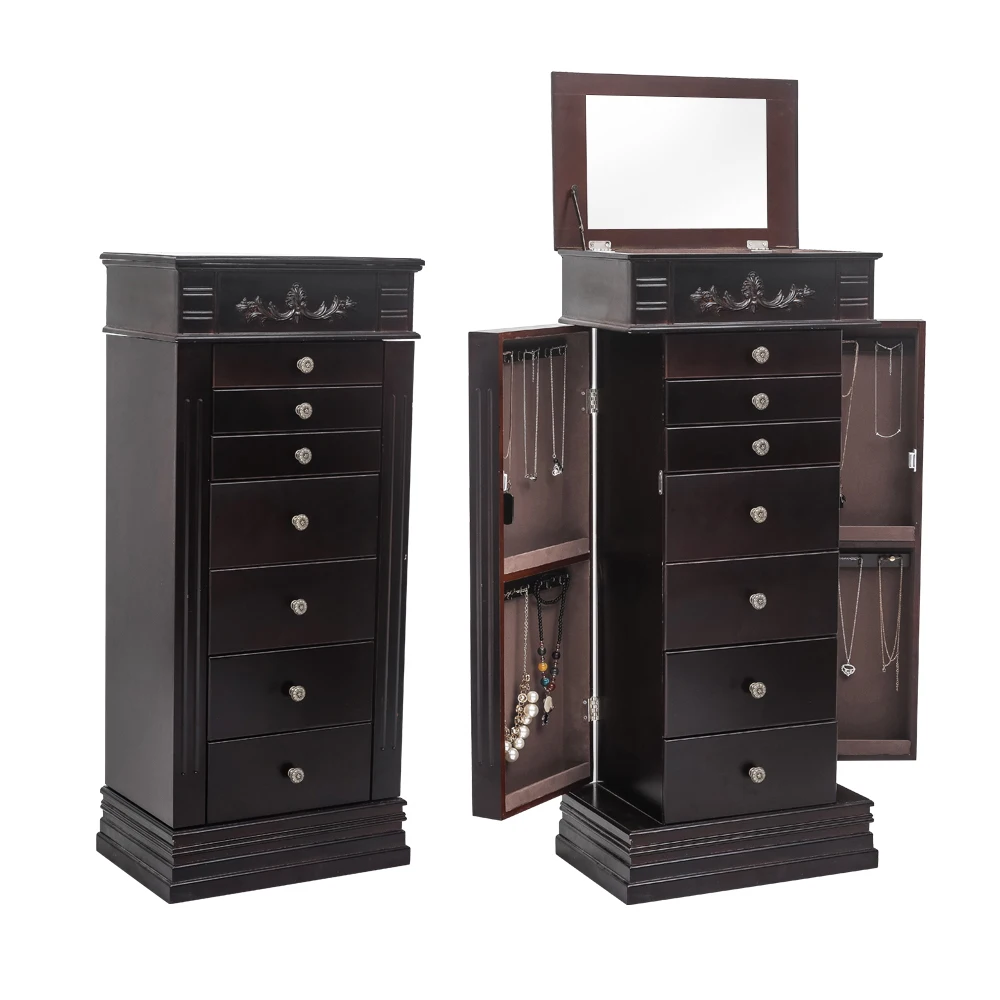 Jewelry Cabinet Dressing Table Dresser with Mirror 8 Drawer 16 Necklace Hooks 2 Side Swing Doors 47x30.5x106.7CM Brown[US-Stock]