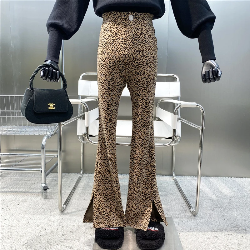 New 2021 Retro Leopard พิมพ์สูงเอว Slim กางเกงด้านข้าง Slits แสดงบางและอเนกประสงค์ขากว้างกางเกง