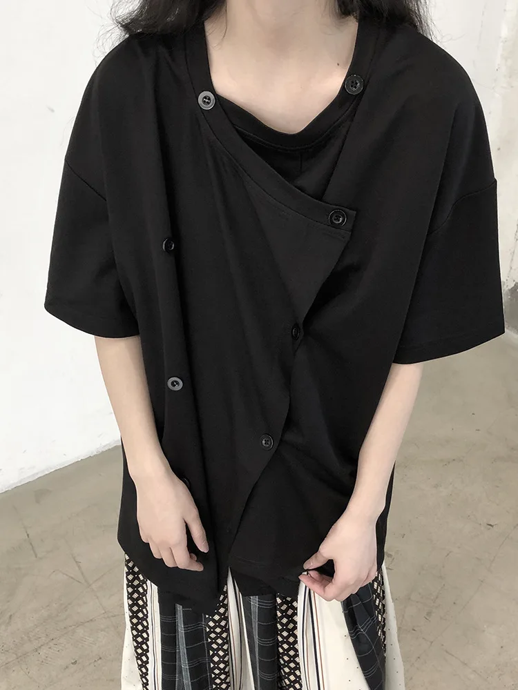 Ladies Short Sleeve Summer New Fashion Design Double Breasted Design Loose Casual Large Size Short Sleeve T-Shirt