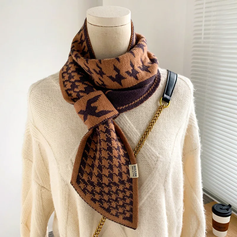 Houndstooth Plaid Luxury Brand Knitted Scarf 2024 New Scarf Women Winter Scarf Long Skinny Small Scarf Female Neckerchief Scarf