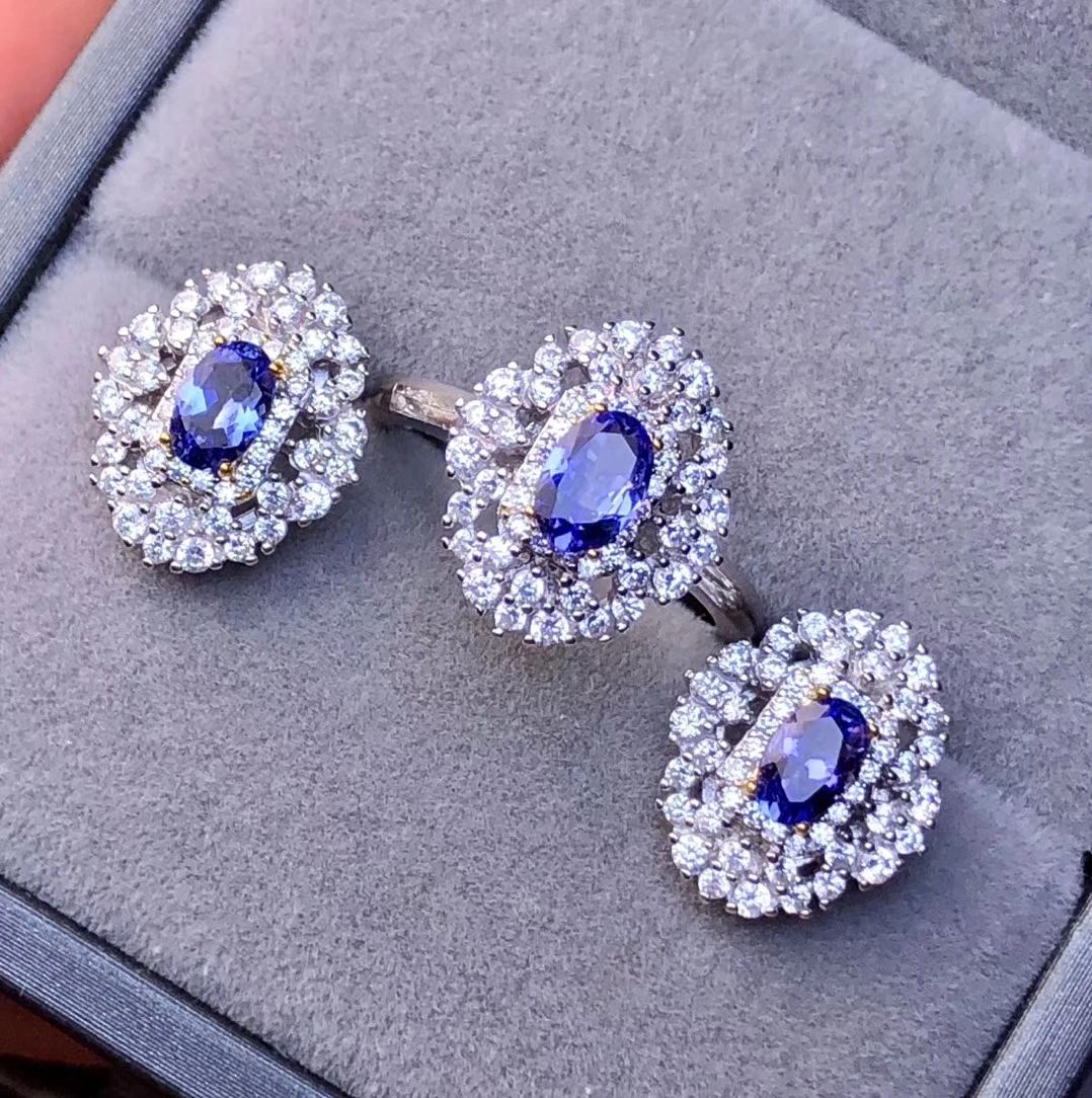 CoLife Jewelry Fashion Tanzanite Jewelry Set for Party 4*6mm Natural Tanzanite Ring Earrings 925 Tanzanite Jewelry