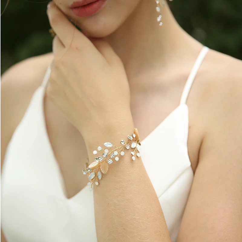 Opal Crystal Bridal Bracelet Handmade Women Arm Bangle Crystal Wedding Party Accessories Bridesmaid Jewelry