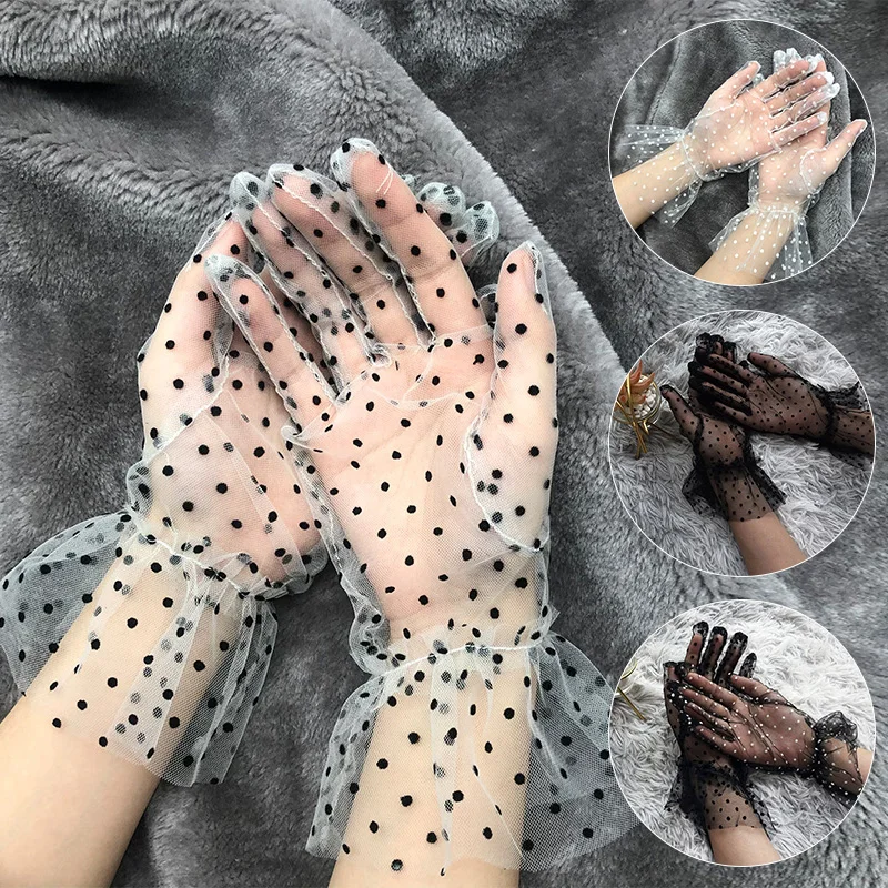 

New Women Mesh Tulle Glove Sexy Dot Print Summer Thin Transparentes Short Lace Glove Club Prom Party Dancing Dress Glove Black