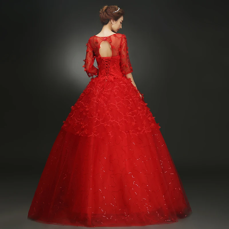 Anxin sh flor vermelha vestido de casamento do vintage o pescoço flor laço meia manga ilusão princesa laço vermelho vestido de casamento vermelho