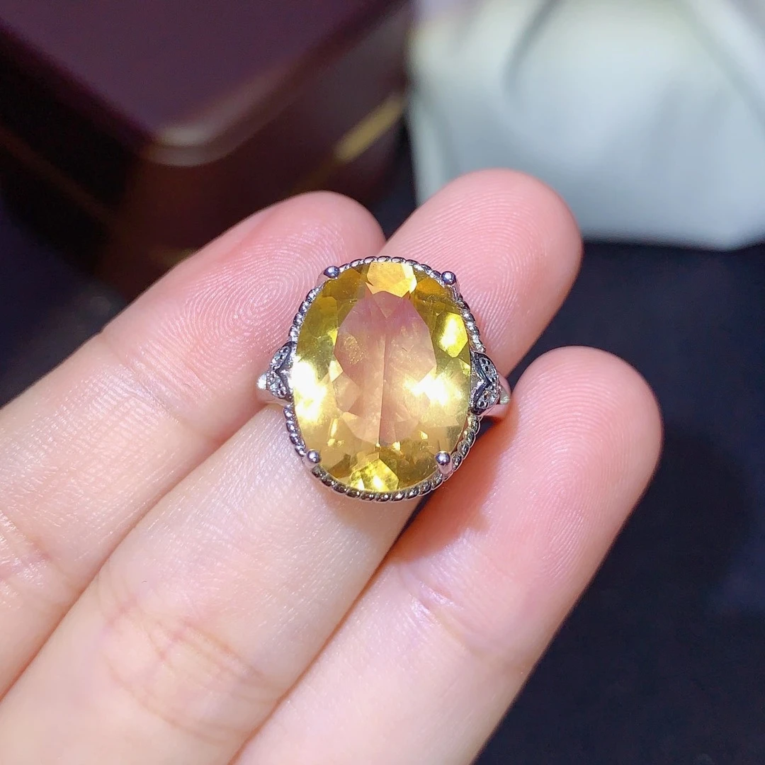 CoLife Jewelry Silver Yellow Crystal Ring 10ct 12mm*16mm Natural Citrine Ring for Party 925 Silver Citrine Jewelry