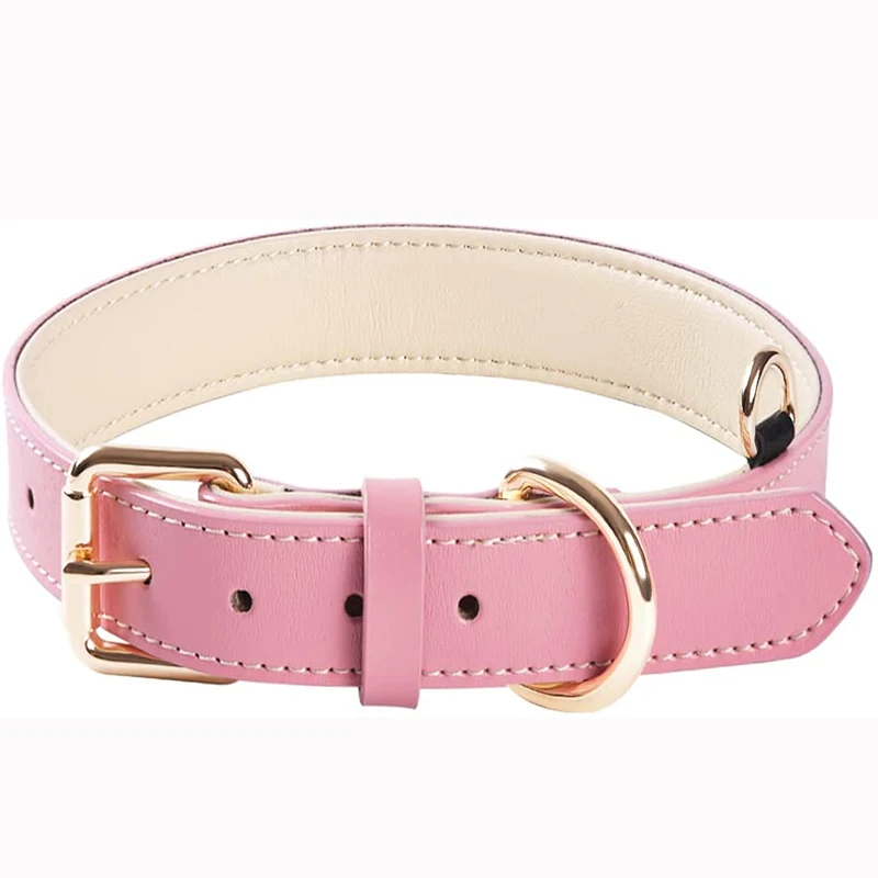 Real Leather Dog Collar for Puppy, Small, Medium and Large Breed Dogs Soft Padded Dog Collars pink color