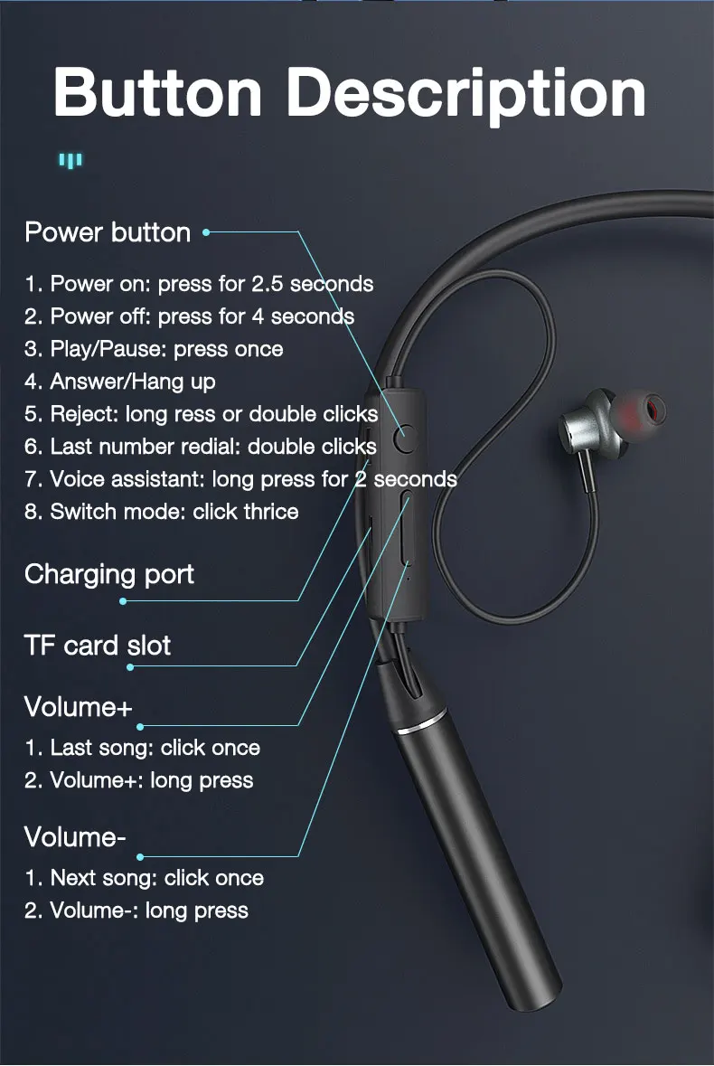 EARDECO 180-Stunden-Ausdauer Bluetooth-Kopfhörer Bass Drahtlose Kopfhörer mit Mikrofon Stereo-Kopfhörer mit Nackenbügel Sport-Headset TF-Karte – Detail 13
