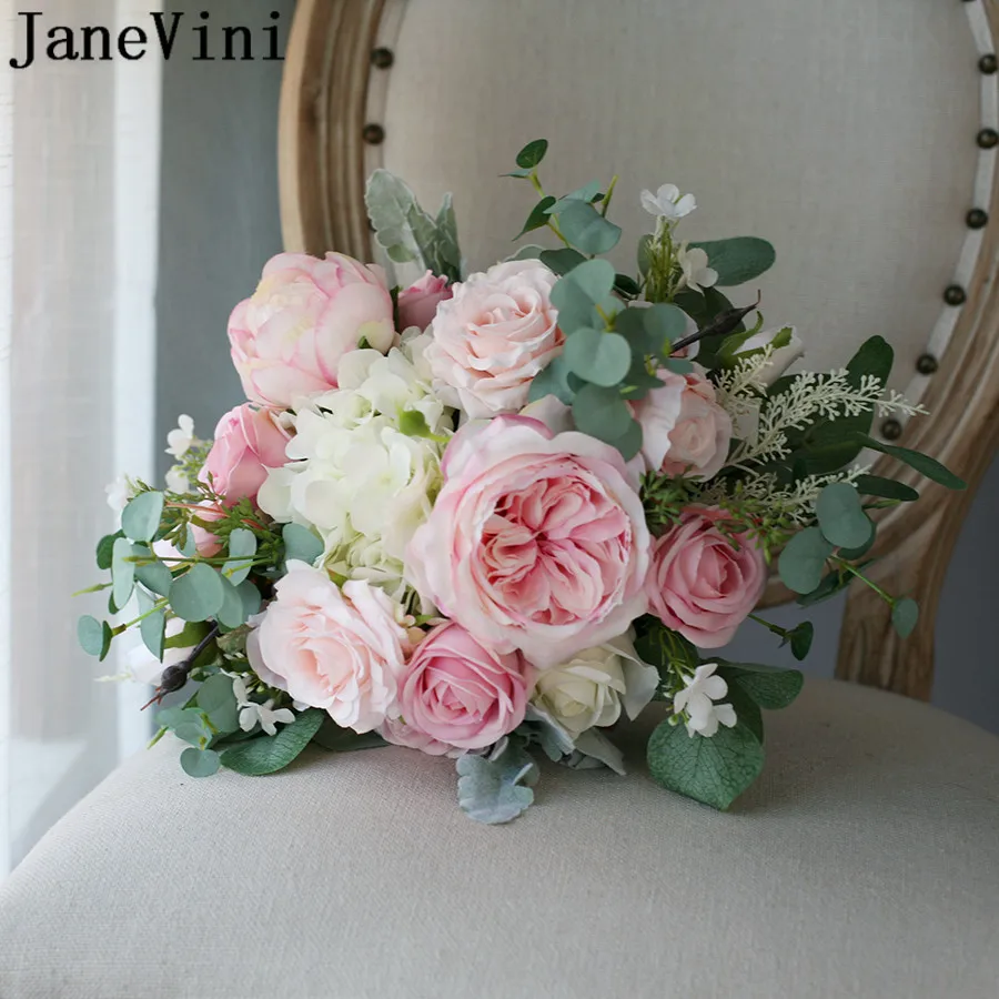 JaneVini 2021 Artificial Wedding Bouquet for Bride Pink Roses Silk Flowers kwiaty sztuczne Green Leaves Bridal Bouquets Brooch