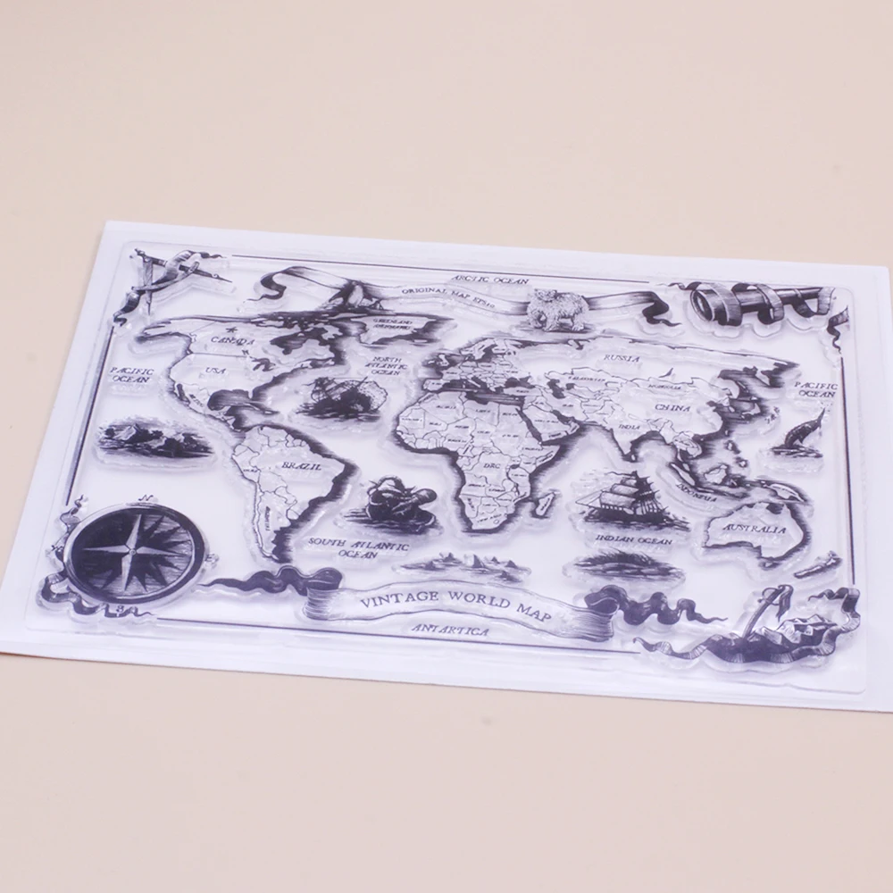 Alinacutle Clear Stamp Vintage World Map Scrapbooking Handmade Card Album Paper Craft Rubber Transparent Silicon Stamp