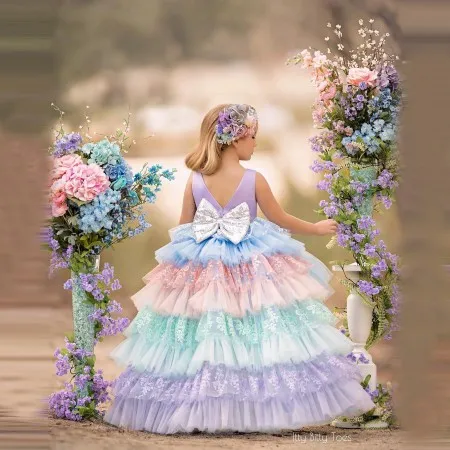 Charming Colorful Kids Tulle Dresses Hi Low Ruffles   Lace Rainbow Custom Made Tiered Long Girls Birthday   Dressing Gowns