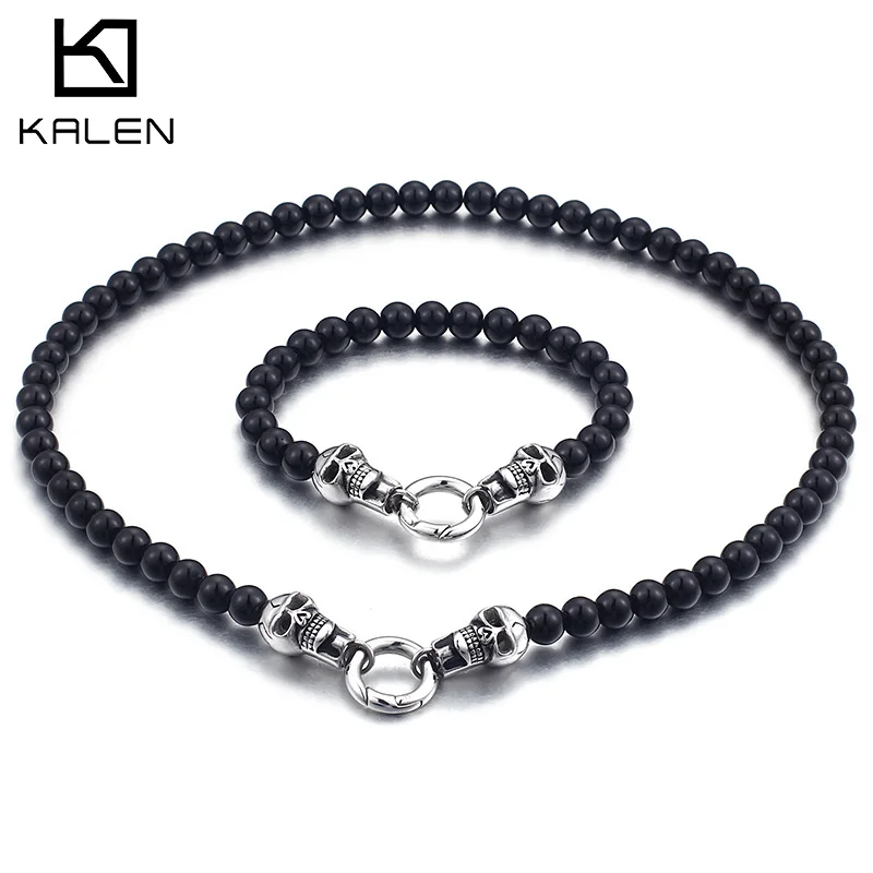 Kalen Fashion Stainless Steel 500MM Skull Necklace And 220MM Bracelet Set 19MM Width Beaded Chain Punk Cool Men's Party Jewelry