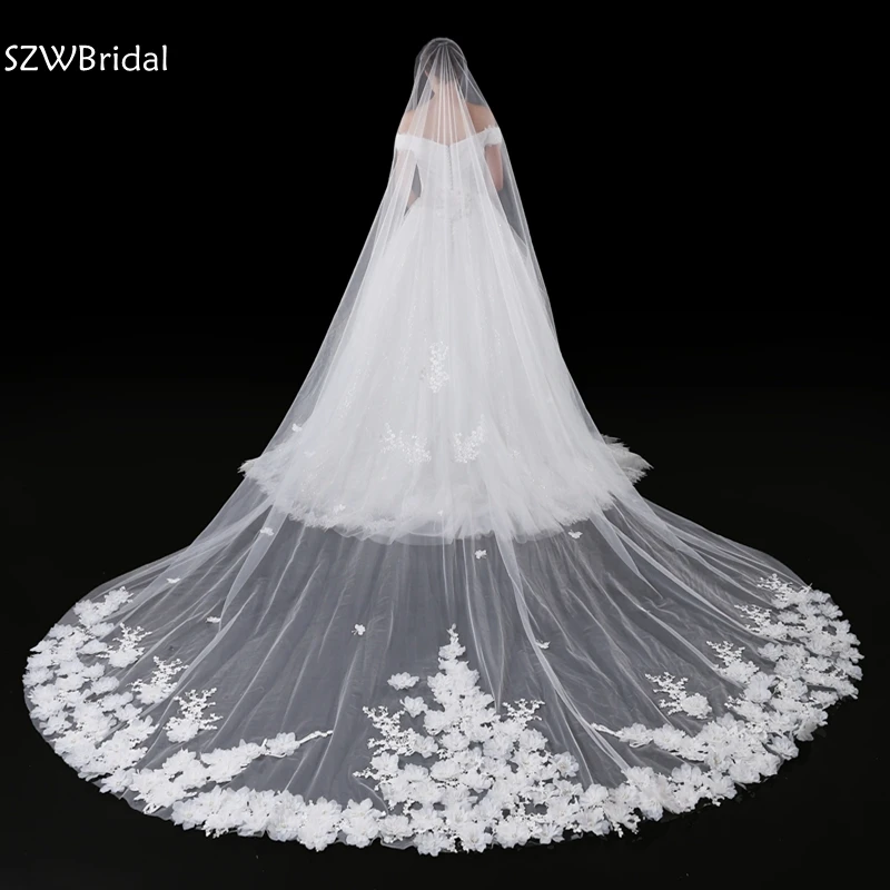 New Arrival Ivory 3 Meter Wedding Veil with Comb Lace Appliques Casamento bridal veil velo de novia catedral long veil